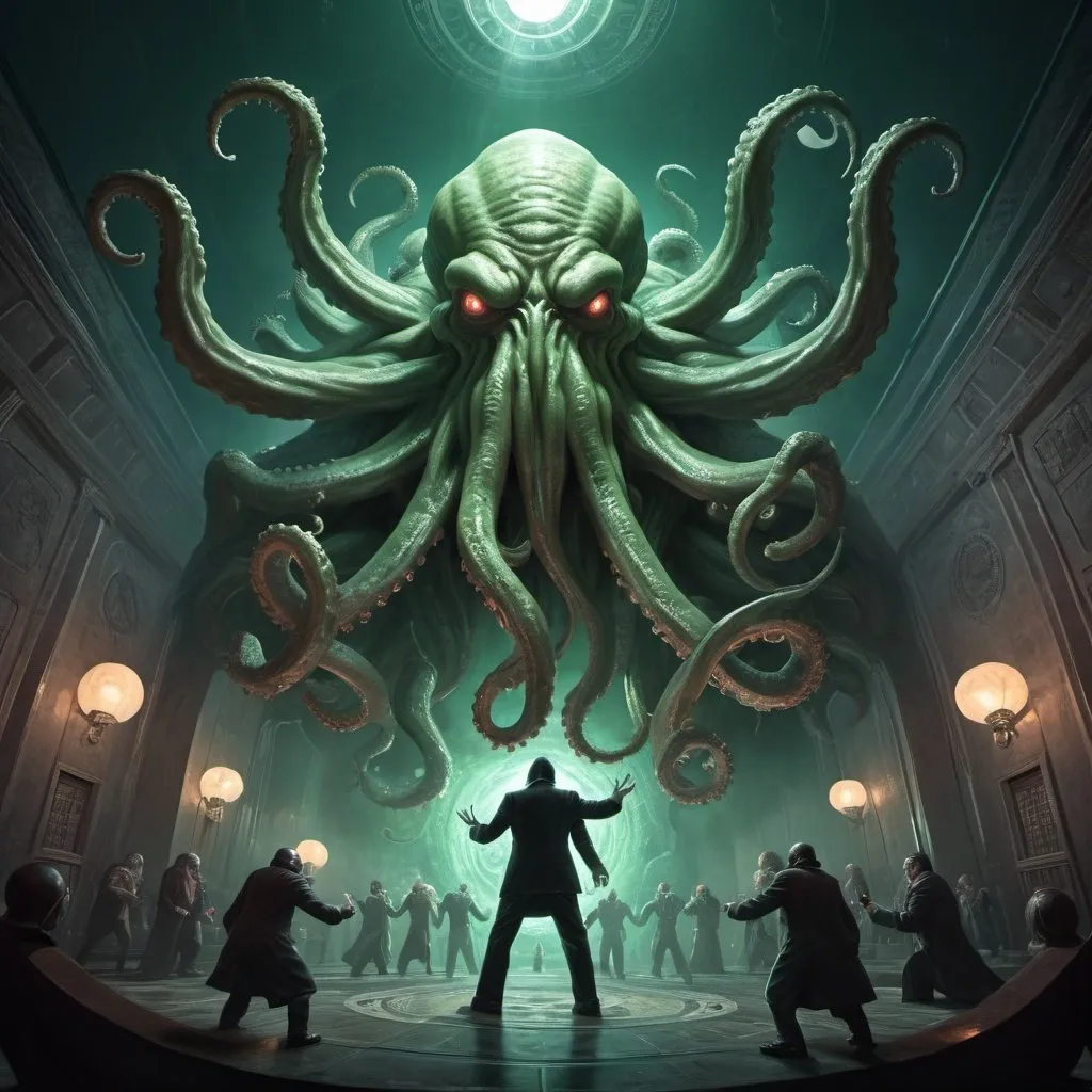 Prompt: giant Cthulhu fighting Yog-Sothoth, wide angle view, 25 degree offset, infinity vanishing point