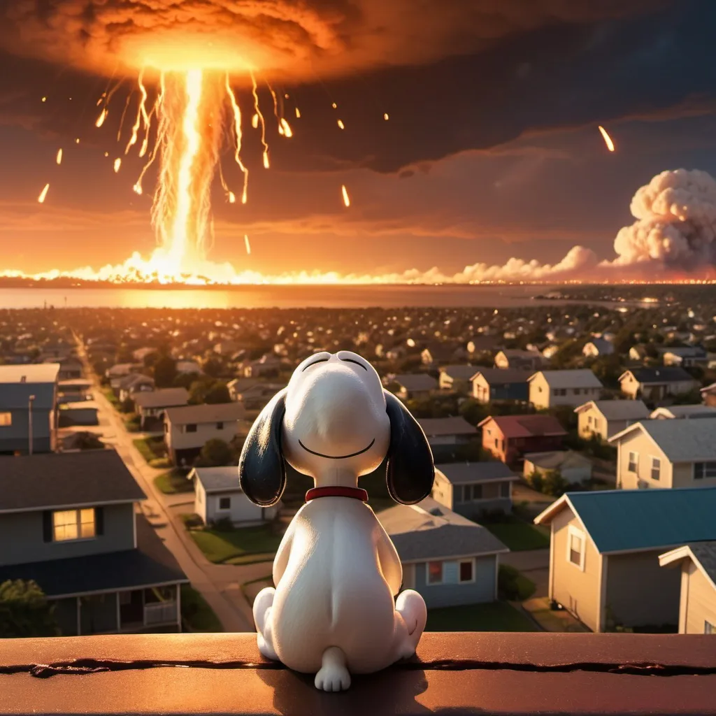 Prompt: (Snoopy watching 1000 falling flaming meteors.) + (100 tornados in the air.) + (Giant tsunami tidal waves approaching.) + (Giant city on fire.) + (Golden hour overhead lighting, extra wide angle view, infinity vanishing point.)