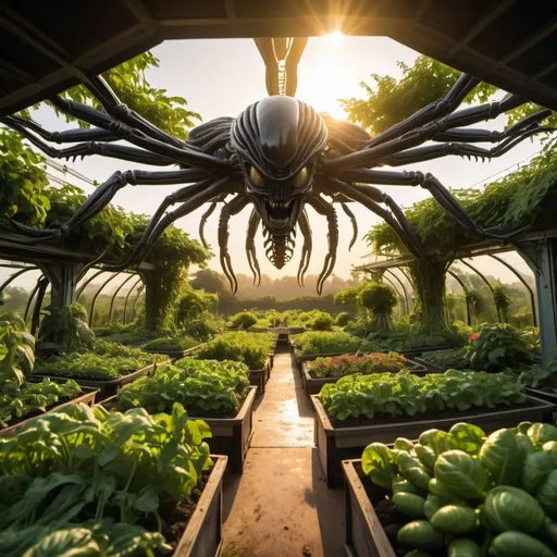 Prompt: xenomorph megahive surrounded by lush vegetable gardens, overhead golden hour lighting, extra wide angle field of view, infinity vanishing point