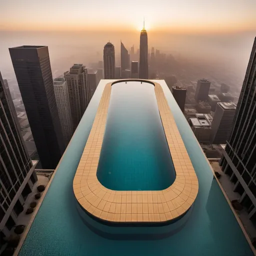 Prompt: Mile high megaskyscraper infinity pool, overhead golden hour lighting, foggy wide angle view, infinity vanishing point