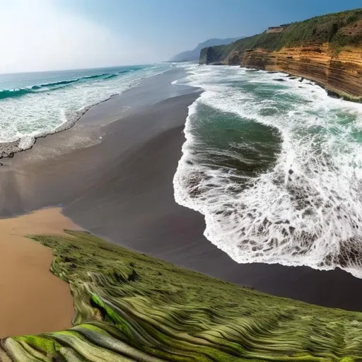 Prompt: wide panorama view, olivine green sand beach, thousand foot tall tidal wave