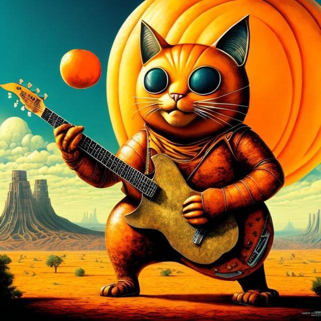 Prompt: giant orange metal cat playing a guitar, widescreen view, infinity vanishing point, in the style of Jacek Yerka