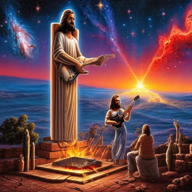 Prompt: wide view, jesus playing guitar in front of a patio bbq grill, infinity vanishing point, pillars of creation nebula background