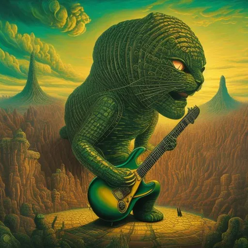 Prompt: giant green gold statue of a giant cat playing guitar, in the style of Jacek Yerka, widescreen view, infinity vanishing point