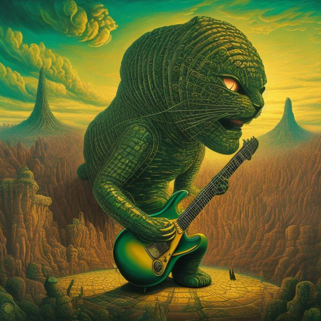 Prompt: giant green gold statue of a giant cat playing guitar, in the style of Jacek Yerka, widescreen view, infinity vanishing point