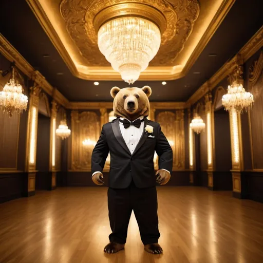 Prompt: bear in a tuxedo, exotic ballroom background, overhead golden lighting, wide angle view, infinity vanishing point