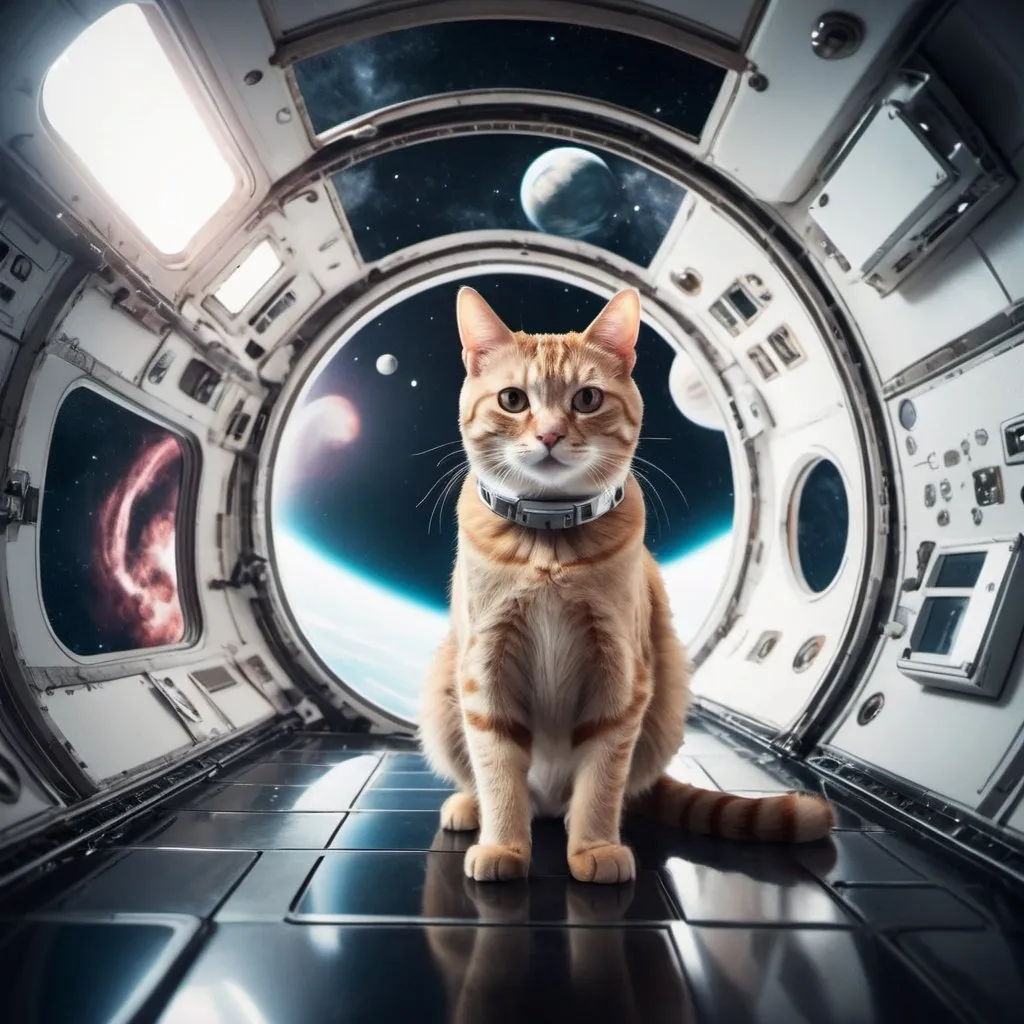 Prompt: Cat Astronaut, near a surreal space station, evil planet background, 25 degree offset, wide angle perspective, infinity vanishing point