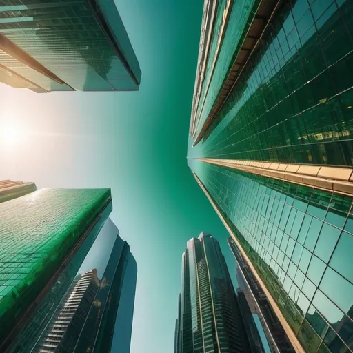 Prompt: city of emerald green glass mega skyscrapers, overhead golden hour lighting, extra wide angle view, infinity vanishing point