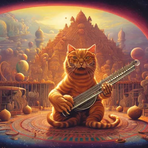 Prompt: panorama widescreen view of a giant cat playing a sitar, infinity vanishing point, in the style of Jacek Yerka