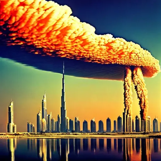 Prompt: dubai skyline, nuclear test blast background