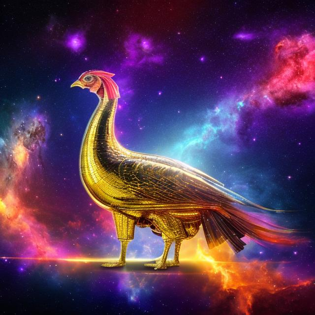 Prompt: panoramic view of a gold turkey, vanishing point perspective, galaxy and nebula background