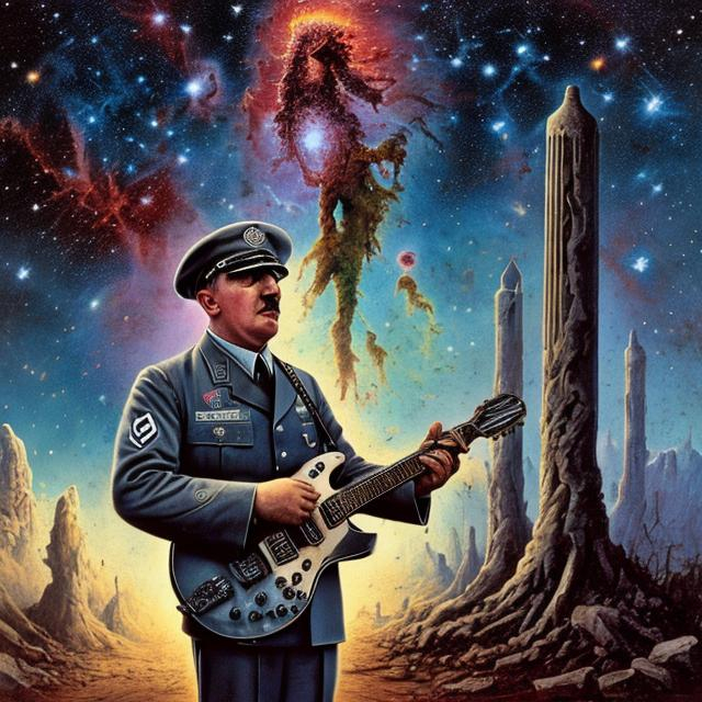 Prompt: patriotic american adolf hitler playing guitar on the street corner, infinity vanishing point, Pillars of Creation nebula background