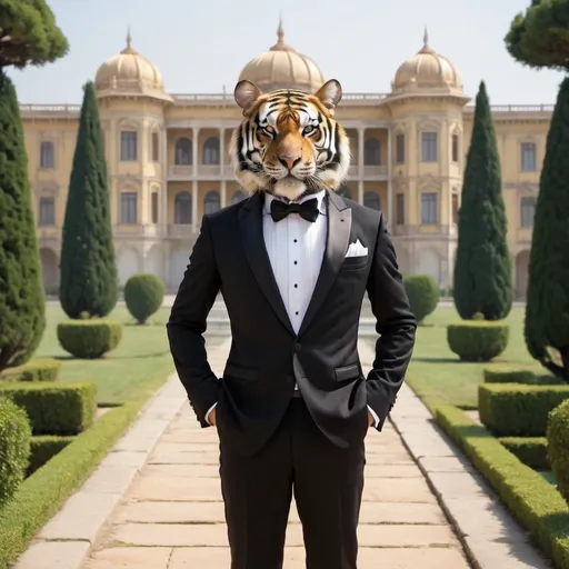 Prompt: tiger in a tuxedo, a palace in the background, wide point of view, infinity vanishing point