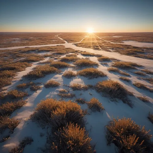 Prompt: strange tundra, overhead golden hour lighting, extra wide angle field of view, infinity vanishing point