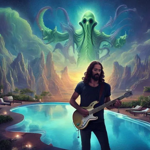 Prompt: wide view of jesus playing guitar and the twelve apostles playing guitars, at an exotic rooftop infinity pool, infinity vanishing point, cthulhu nebula background