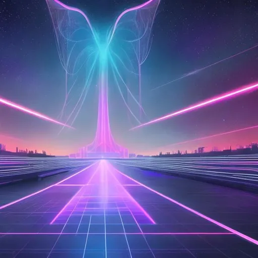 Prompt: wide view, crystal palace, infinity vanishing point, neon nebula background