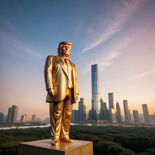 Prompt:  strange 1000 meter tall supergiant Donald Trump statue, elegant lush skyscraper skyline background, overhead golden hour lighting, extra wide angle field of view, infinity vanishing point