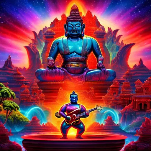 Prompt: widescreen letterbox style image of a ruby bodybuilding buddha playing guitars in front of an exotic alien temple, tropical jungle background, galaxy sky, infinity vanishing point