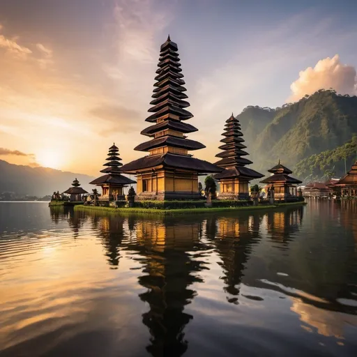 Prompt: city of Pura Ulun Danu Bratanu style mega skyscrapers, overhead golden hour lighting, extra wide angle view, infinity vanishing point