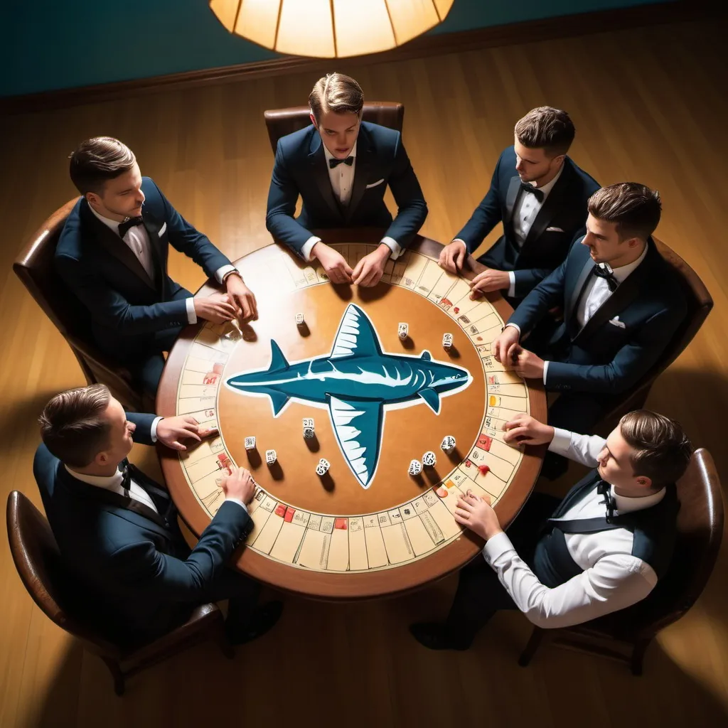 Prompt: ocean sharks in tuxedos, playing a complicated exotic board game, golden hour overhead lighting, extra wide angle view, infinity vanishing point