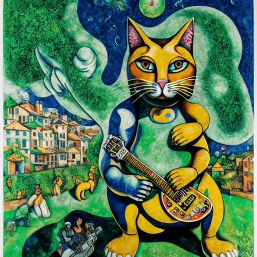 Prompt: ((((giant cat playing guitar) chrome statue inlaid with emeralds) in the style of Chagall) wide perspective view) infinity vanishing point