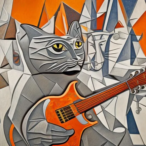 Prompt: ((((giant cat playing guitar) diamond statue inlaid with orange chrome) in the style of Pablo Picasso) wide perspective view) infinity vanishing point