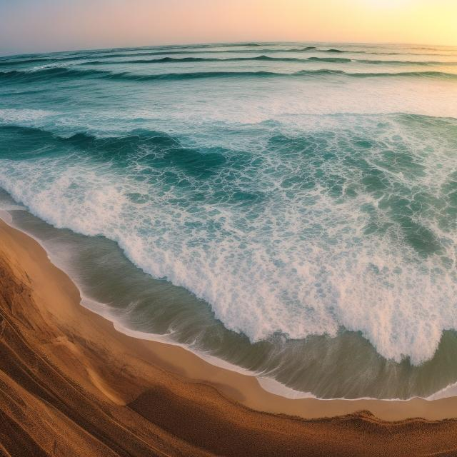 Prompt: wide panorama view, olivine sand beach, thousand foot wave