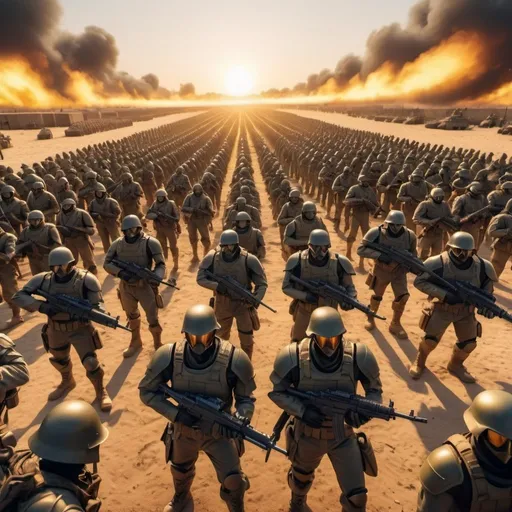 Prompt: Lawful Good army at war with enemy Chaotic Evil army, overhead golden hour lighting, extra wide angle field of view, infinity vanishing point