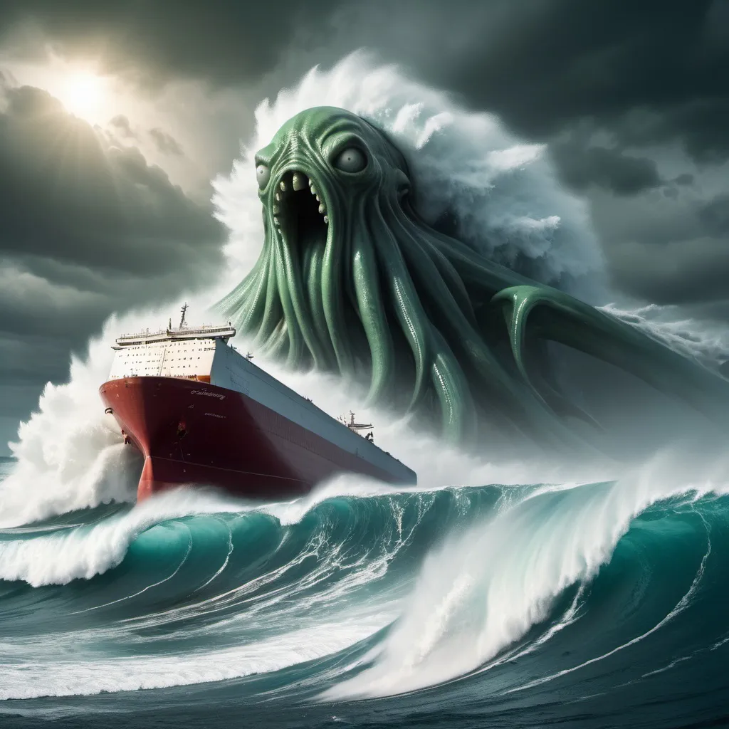 Prompt: cthulu surfing the largest giant tsunami wave, possessed ghost ULCC supertanker in foreground, overhead lighting, wide angle view, surreal background proportions, infinity vanishing point