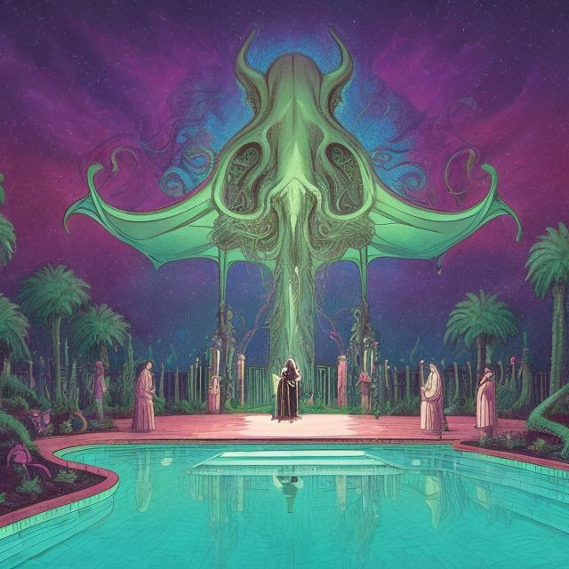 Prompt: wide perspective, jesus band playing guitars at an exotic poolside patio gazebo party, infinity vanishing point, Cthulhu nebula background
