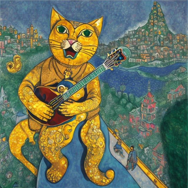 Prompt: ((((giant cat playing guitar) gold statue inlaid with emeralds) in the style of Chagall) wide perspective view) infinity vanishing point