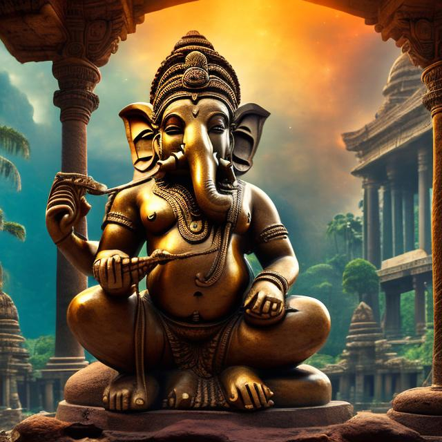 Prompt: wide view of an ancient bronze bodybuilding ganesha playing guitar at an exotic temple, tropical jungle background, galaxy sky, infinity vanishing point