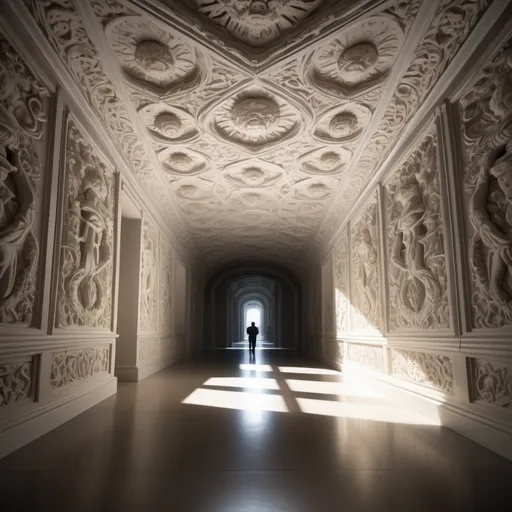 Prompt: bizarre AI response, ornately detailed bas relief, overhead lighting shadows, wide angle view, infinity vanishing point