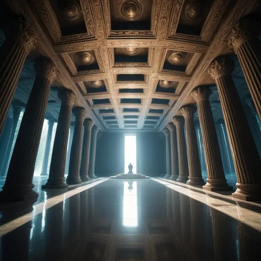 Prompt: Temples of Syrinx, overhead lighting, wide angle view, surreal background proportions, infinity vanishing point