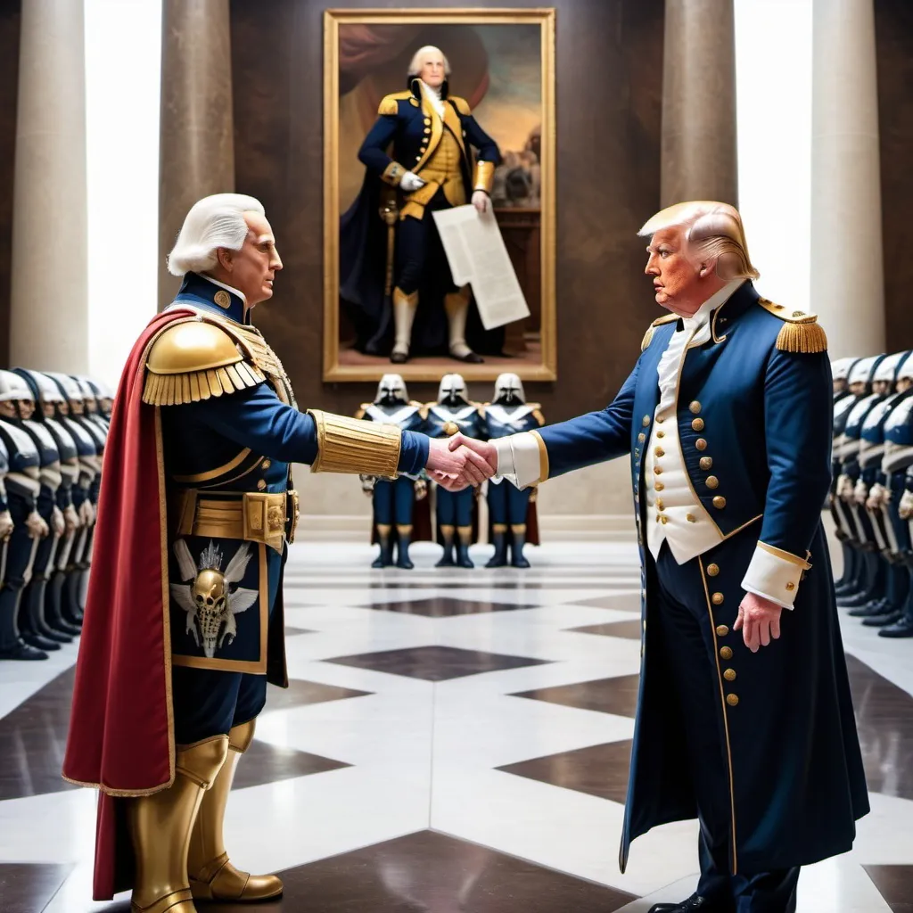 Prompt: emperor donald trump shaking hands with george washington the warhammer emperor, year 40000 AD, wide palace background with space marines, long distance infinity vanishing point