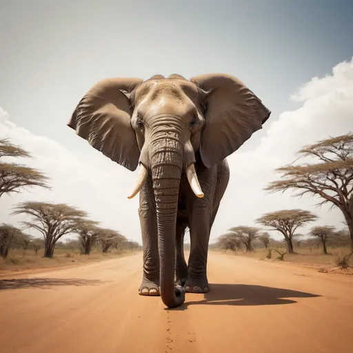 Prompt: Zunesha Naitamie-Norida Elephant, wide angle perspective, planet surface background, infinity vanishing point