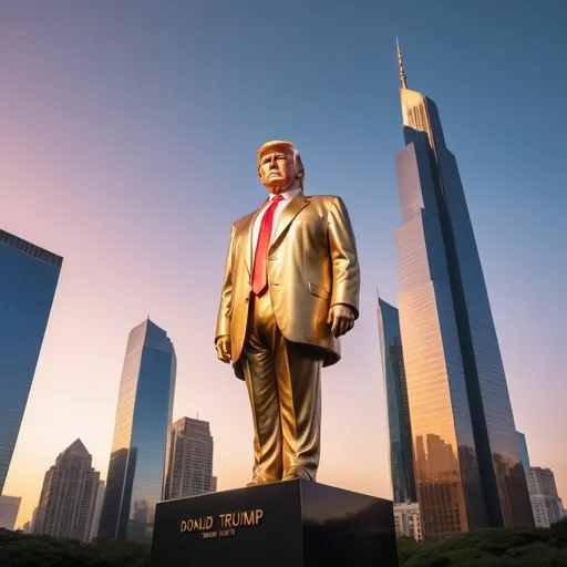 Prompt: supergiant strange Donald Trump statue, elegant lush skyscraper skyline background, overhead golden hour lighting, extra wide angle field of view, infinity vanishing point