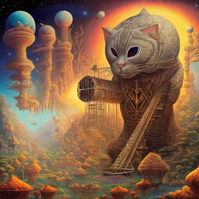 Prompt: giant diamond cat playing a sitar, widescreen view, infinity vanishing point, in the style of Jacek Yerka