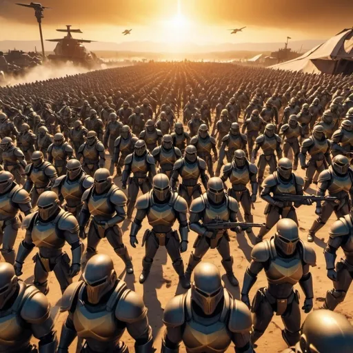 Prompt: Lawful Good army in the final battle with enemy Chaotic Evil army, apocalypse background, overhead golden hour lighting, extra wide angle field of view, infinity vanishing point