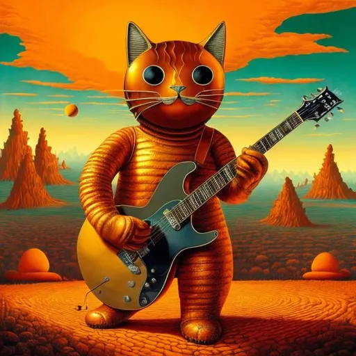 Prompt: giant orange metal cat playing a guitar, widescreen view, infinity vanishing point, in the style of Jacek Yerka