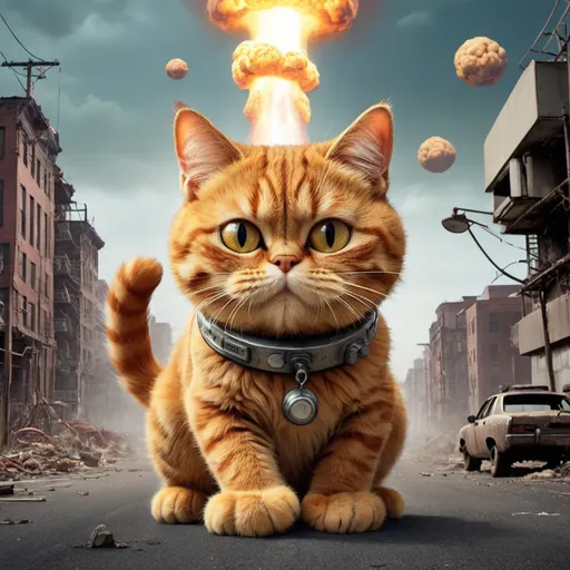 Prompt: Garfield the Cat Saves The World, post-nuclear-age-apocalyptic-science-fiction, hallucinogenic-surreal style, book cover