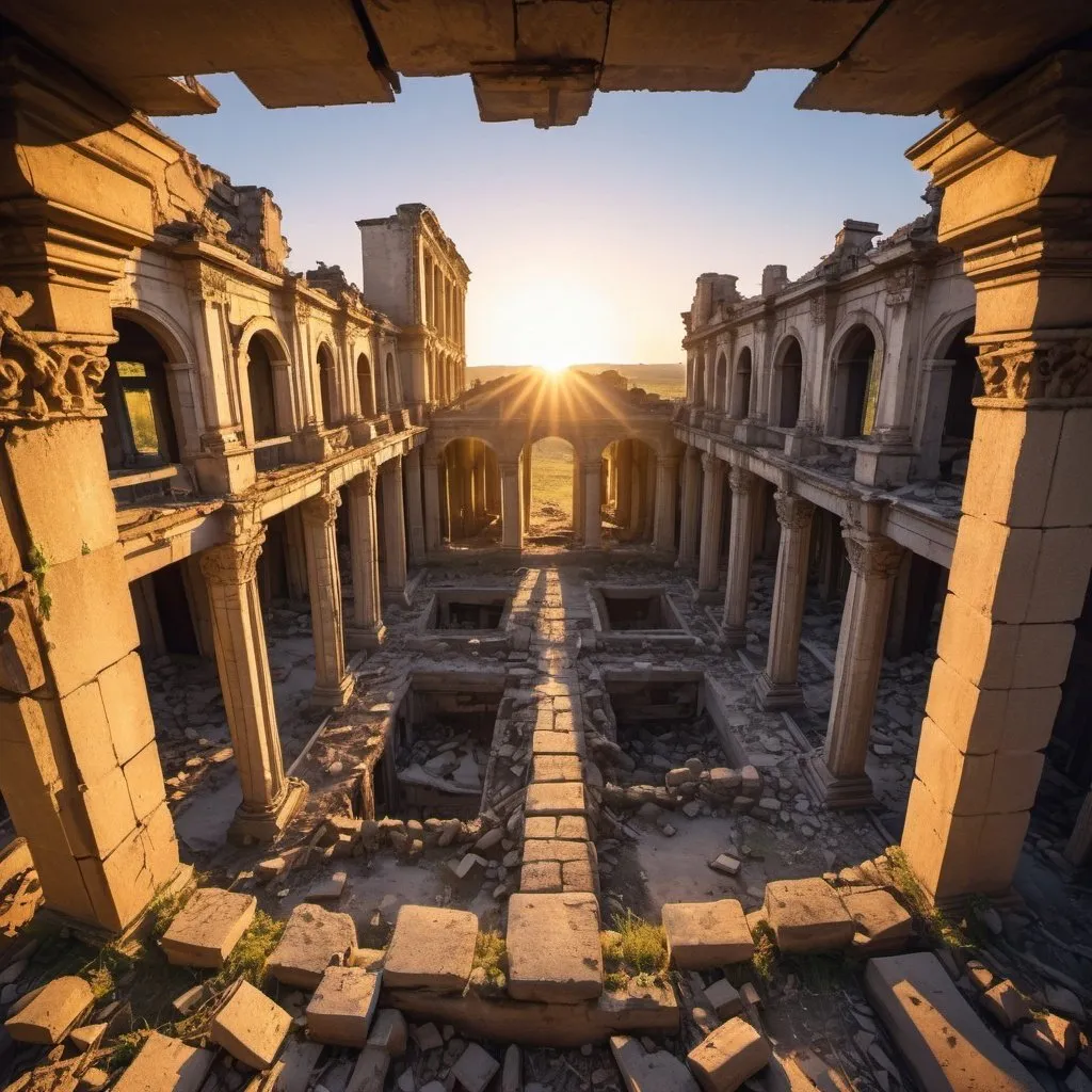 Prompt: strange world of ruins, overhead golden hour lighting, extra wide angle field of view, infinity vanishing point