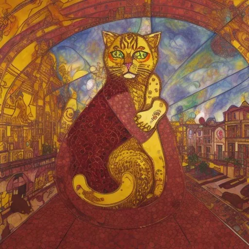 Prompt: ((((giant cat playing guitar) gold statue inlaid with rubies) in the style of Chagall) wide perspective view) infinity vanishing point