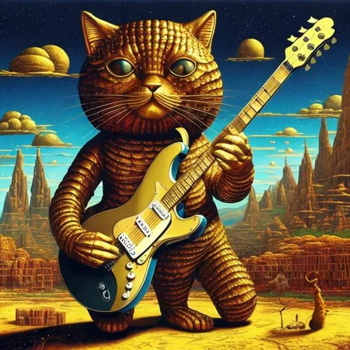 Prompt: giant gold cat playing a guitar, widescreen view, infinity vanishing point, in the style of Jacek Yerka