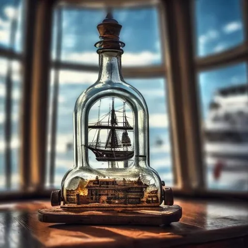 Prompt: ship displayed inside a glass bottle