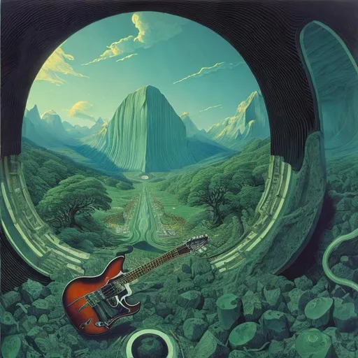 Prompt: giant obsidian inlaid with green jade cat playing guitar, in the style of Jacek Yerka, wide perspective view, infinity vanishing point