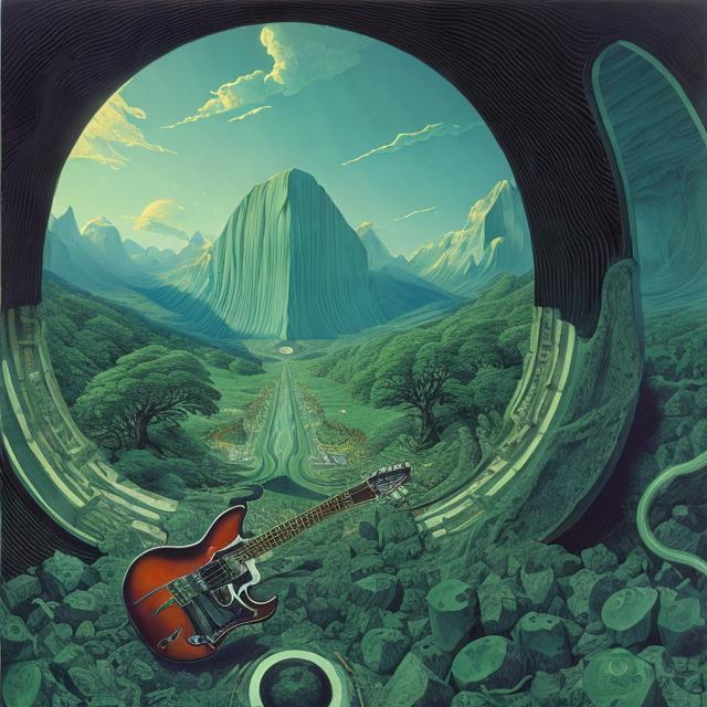 Prompt: giant obsidian inlaid with green jade cat playing guitar, in the style of Jacek Yerka, wide perspective view, infinity vanishing point