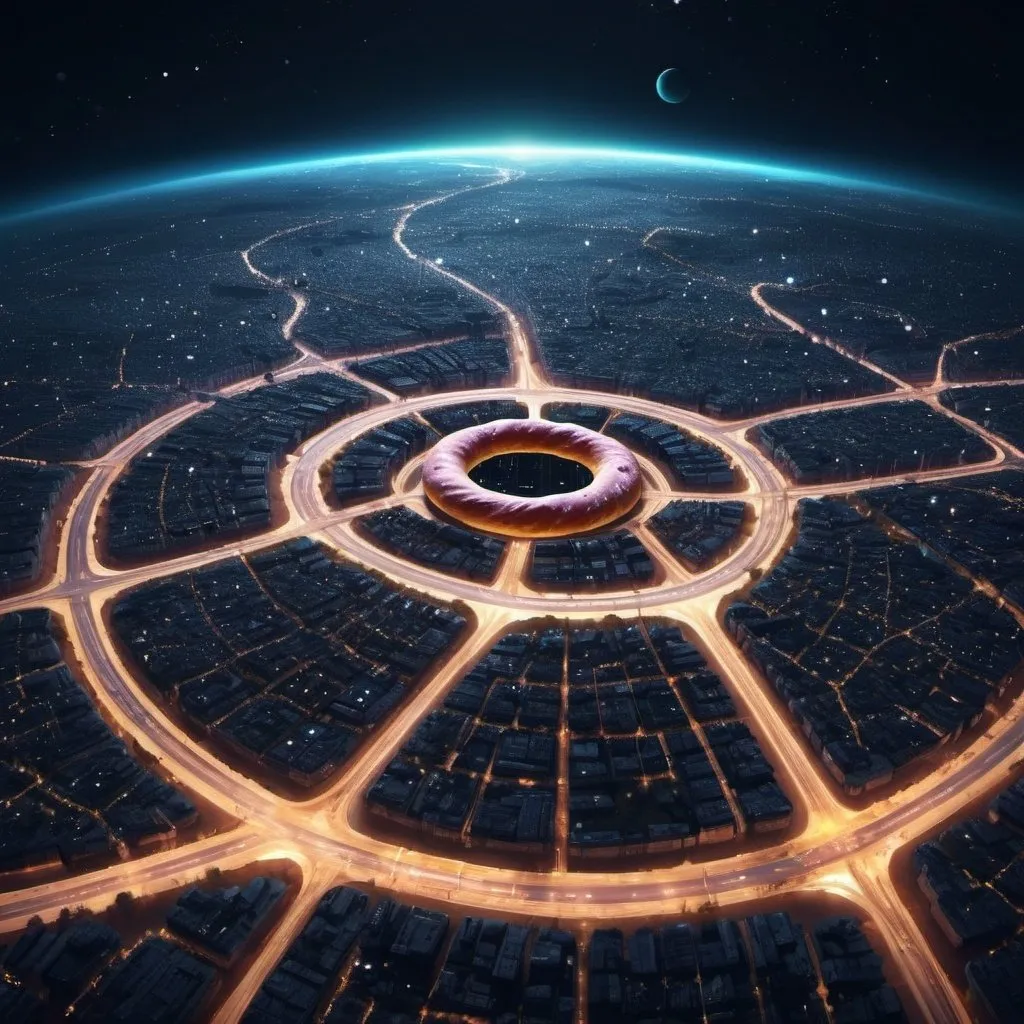 Prompt: view from orbit of a superhighway network around a donut planet at night