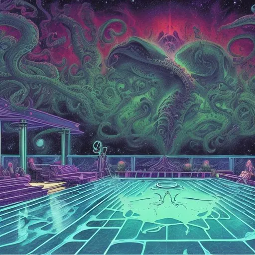 Prompt: wide field of view, jesus band playing guitars at an exotic poolside patio barbeque grill, infinity vanishing point, cthulhu nebula background