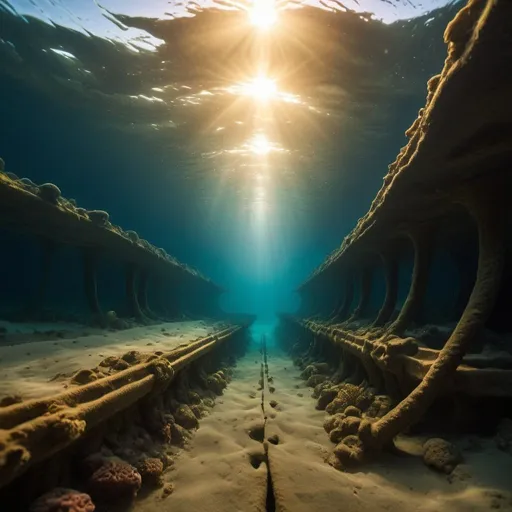 Prompt: strange undersea trench, overhead golden hour lighting, extra wide angle field of view, infinity vanishing point